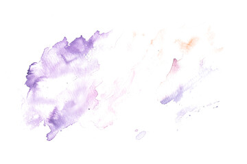 Lavender and peach washed watercolor paint stain on white background.