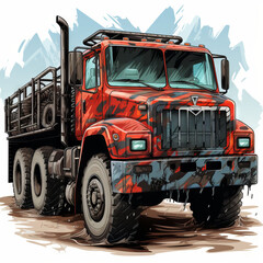 Red Titan: A Detailed Illustration of a Heavy-Duty Dump Truck in Mountain Terrain