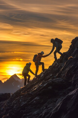 Team efffort and leadership. People climbing on the mountain peak and helping each other. High quality photo