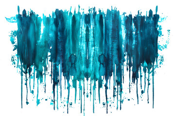 Blue and turquoise watercolor paint drip on white background.