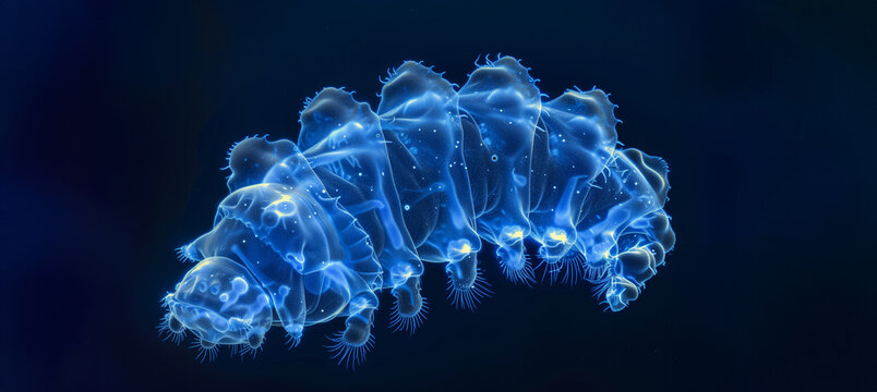 microscopic photo of a transparent tardigrade under blue light