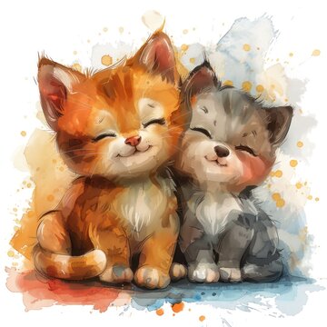 The image depicts two kittens, one orange and one gray, cuddling together.