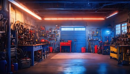 Create a poster featuring an automotive workshop with tools and other elements that make up the interior of a mechanic's garage