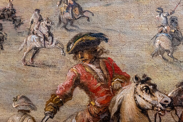 A painting of a man on a horse with a red coat and a hat