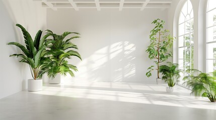 A spacious white room in a chic loft, adorned with lush greenery against the walls, real photo, stock photography