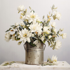 A bouquet of white flowers in a bucket on the white background