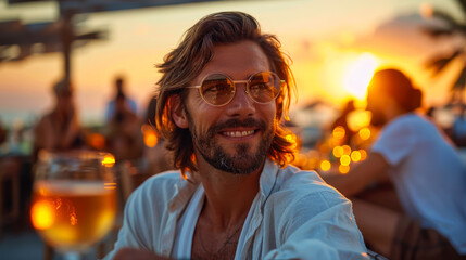 Portrait of man an after party on a rooftop bar, Summer sunshine, after work attire