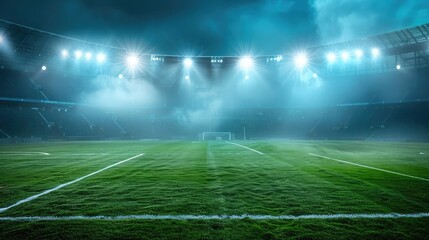 Sports stadium with a lights background, Textured soccer game field with spotlights fog midfield Concept of sport, competition, winning, action, empty area for championships, studio room, night view - obrazy, fototapety, plakaty