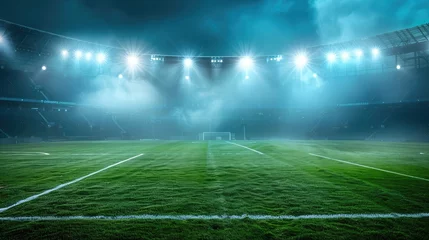 Poster Sports stadium with a lights background, Textured soccer game field with spotlights fog midfield Concept of sport, competition, winning, action, empty area for championships, studio room, night view © Khalif