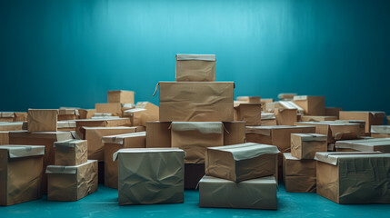 A stack of cardboard boxes is piled up against a blue wall. The boxes are of various sizes and are piled on top of each other. The scene gives off a sense of clutter and disorganization - obrazy, fototapety, plakaty