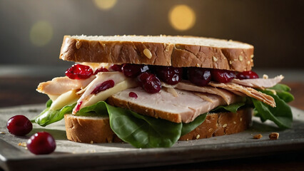 Professional food photograph of a  turkey and cranberry sandwich ,

