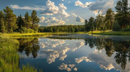 A lake nestled among trees and grass under an overcast sky, Heart-shaped clouds reflecting in a serene lake, AI Generated