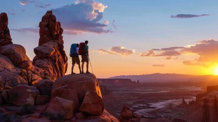 Two hikers on rock formations in Arches National Park near Moab Utah at sundown. - obrazy, fototapety, plakaty