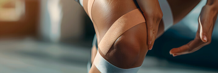 Close-Up View of Kinesiology Therapeutic Tape Applied on a Person's Knee Providing Support and Relief - obrazy, fototapety, plakaty