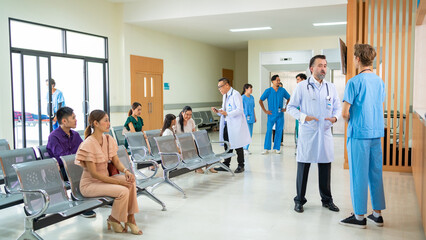 Specialized doctor medical center and hospital health care services concept. Hospital lobby waiting...