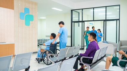 Specialized doctor medical center and hospital health care services concept. Hospital lobby waiting...