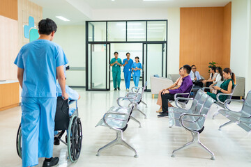 Specialized doctor medical center and hospital health care services concept. Hospital lobby waiting...