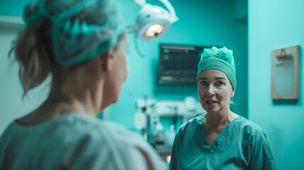 Photo of a woman speaking with her surgeon in a brightly lit doctor's office, the wall color is light teal