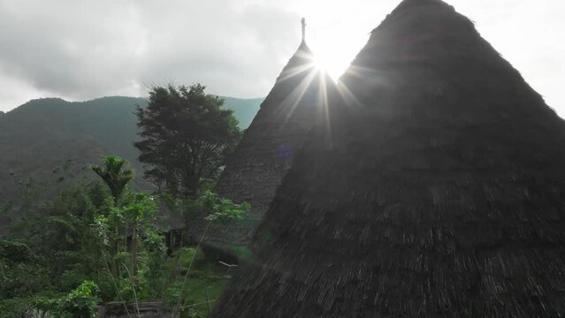 Aerial view of the remote and mysterious village of Wae Rebo, Indonesia