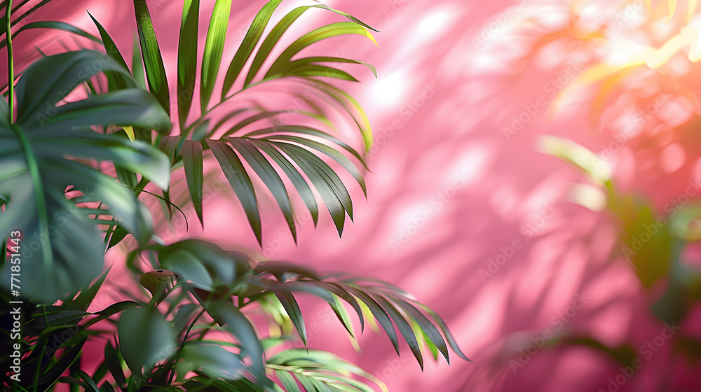 Poster blurred shadow from palm leaves on the light pink wall. minimal abstract background for product pres
