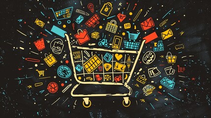 Doodle of overflowing shopping cart with diverse icons, symbolizing ecommerce boom, vibrant and busy composition, top view , clean sharp