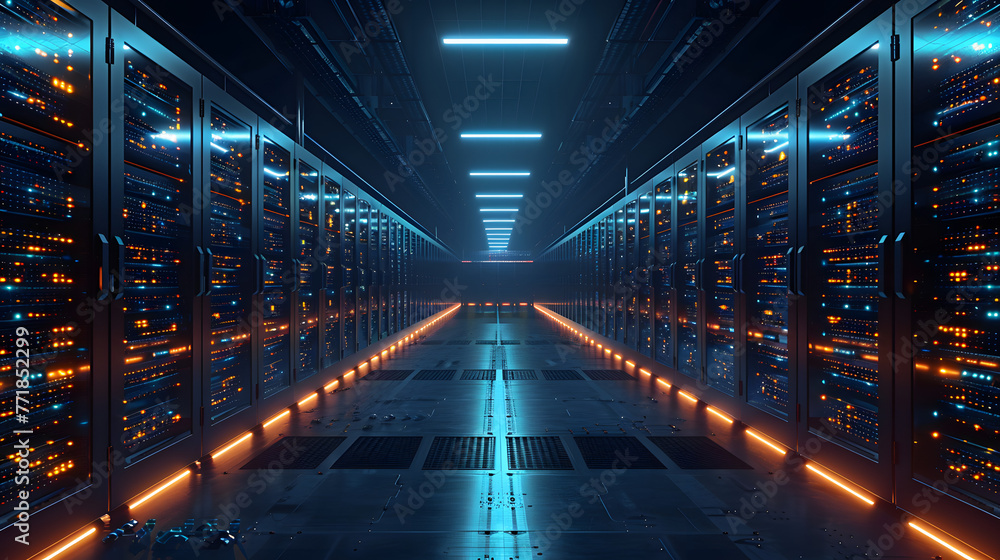 Poster modern data technology center server racks in dark room with vfx. visualization concept of internet 