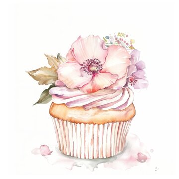 The watercolor image captures a luscious cupcake with a dainty flower, enhancing the appeal of this tasty dessert.