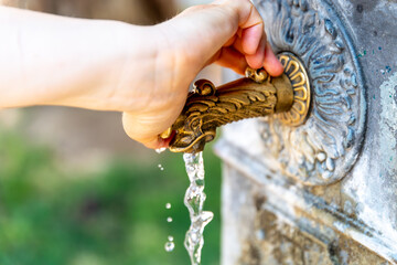 Close up of an Ancient Ornate Fountain Spout Running Water in Vicenza
