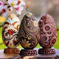 Fototapeta premium Ornate chocolate Easter eggs from above