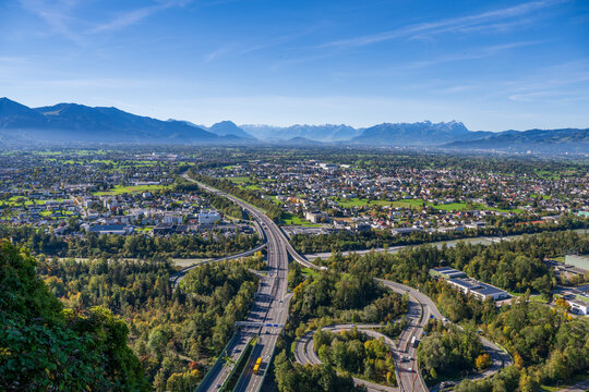 The Rhein Valley (Rheintal) with A14 Highway looking South. State of Vorarlberg, Austria