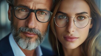 A close-up shot of a male and female CEO and CFO, real photo, stock photography