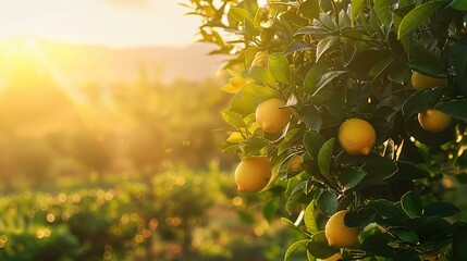 A serene countryside scene with a lemon tree heavy with ripe fruit, bathed in golden sunlight, real photo, stock photography