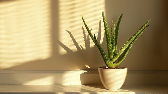 An overhead view of an aloe vera plant in a glass vase, surrounded by scattered stationery on a cluttered desk, real photo, stock photography ai generated high quality images