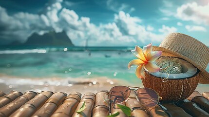 A beach scene with a coconut cocktail adorned with plumeria, straw hat, and sunglasses placed on a bamboo table, captured with vibrant hues and natural lighting,  - obrazy, fototapety, plakaty