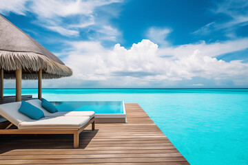 Beautiful tropical landscape with overwater villa, wooden patio and infinity pool - obrazy, fototapety, plakaty