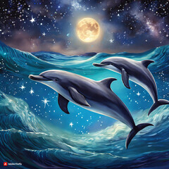 별과 달이 비추는 밤 바다에서 춤추는 돌고래 두 마리 - obrazy, fototapety, plakaty