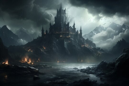 Awe-Inspiring Majestic Gothic Castle Perched on a Cliff Overlooking a Turbulent Stormy Sky with Misty Mountains in the Distance, Creating a Scene of Grandeur and Mystery.