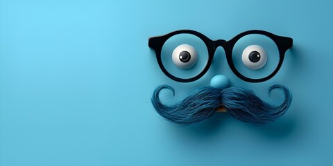 April Fools Day prank props comical glasses bushy eyebrows mustache on blue background with copy space. Concept April Fools Day, Prank Props, Comical Glasses, Bushy Eyebrows, Mustache - obrazy, fototapety, plakaty