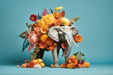A majestic elephant with a floral blanket walks among flowers on a serene blue background. The colors contrast beautifully with the elephants gray skin, capturing natures beauty.