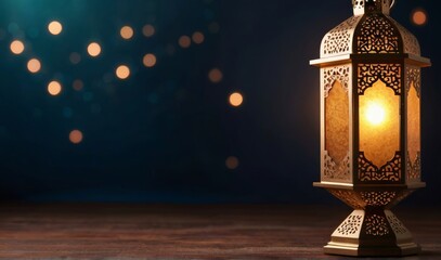 Modern Islamic holiday banner suitable for Ramadan, Raya Hari, Eid al-Adha and Mawlid. A lit lantern on an evening background	