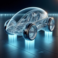 flying electric car with levitating wheels, futuristic design, transparent made of glass, visible internal structures 
