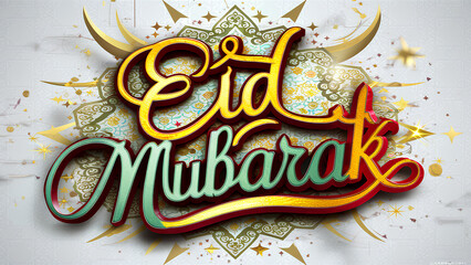 Eid Mubarak English typography greetings Islamic festival Arabic Calligraphy. suitable for Eid ul Fitr, Eid ul Adha, Happy eid Mubarak Wishing holiday decorative Religious background. - obrazy, fototapety, plakaty