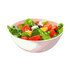 A dish of garden salad with tomatoes, spinach, and olives on a transparent background