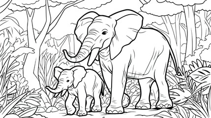 Elephant with a baby elephant in the jungle. Colori
