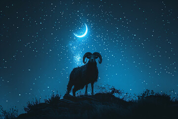 Goat or sacrificial sheep silhouette on dark night background. Crescent moon on night starry sky. Eid Al Adha Mubarak, Eid Al Adha festival. Design for banner, card, poster, flyer with copy space