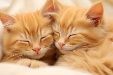 Adorable Ginger Kittens Sleeping Peacefully on Cozy White Blanket, Paws Intertwined, Radiating Tranquility. Heartwarming Embrace, Sweet Dreams, Innocent Beauty in Feline Bliss.