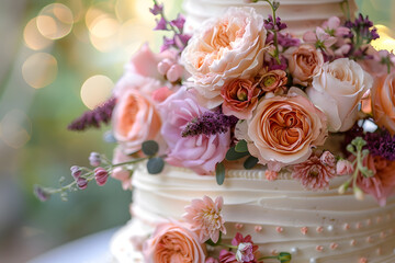 Hybrid tea rose bouquet atop wedding cake on table