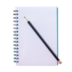 Office supplies spiral notebook with a pencil on top, electric blue shadow on a transparent background