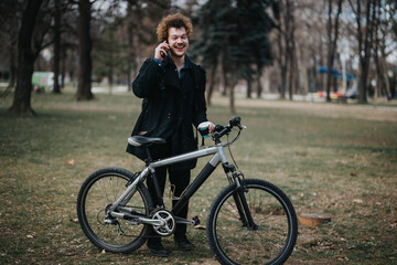 An outdoor shot of an individual in casual wear holding a phone and standing next to a mountain bike in a serene park.