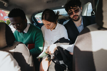 Three business professionals focused on work documents while seated in a car, collaborating on the go.